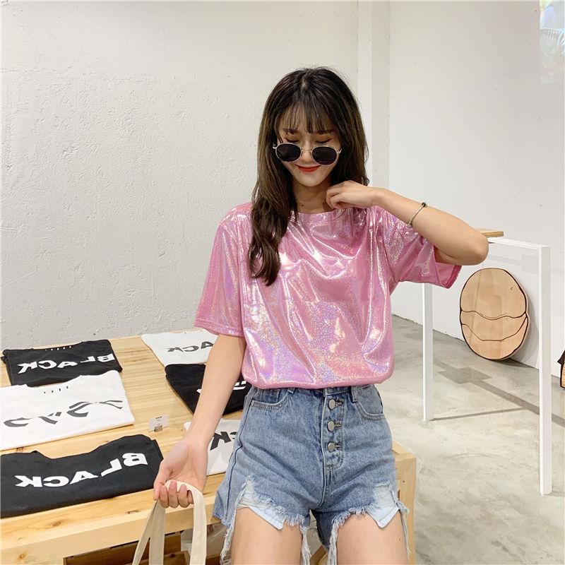 Lose glitzernde stilvolle helle Sommer-Frauen Korea Lady Shining T-Shirts Basic Tees Streetwear Tops 5XL rosa