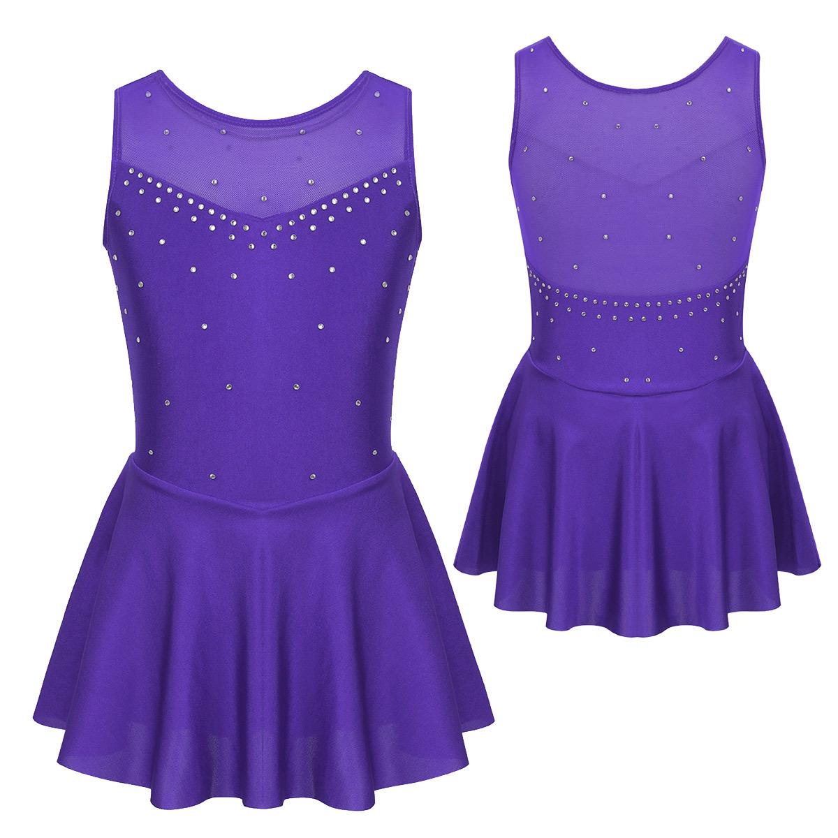 Kinder Mädchen Ärmelloses Strass Gymnastik Trikot Kleid Mesh Splice Eiskunstlauf Kleid Ballett Leistung Tanz Kostüme 5-6 Years Violett