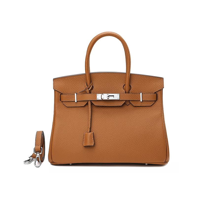 Neue Silber Taste Litschi Muster Kopf Schicht Rindsleder Platin Tasche Handheld Platin Tasche Mode Echtes Leder frauen Schulter Tasche 30cm braun