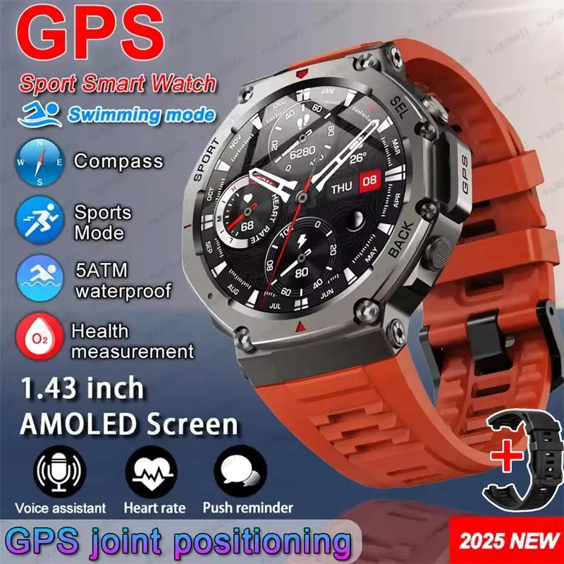 2025 Neue GPS Smartwatches Premium Militär Smartwatch Herren Kompass Höhenmesser 10ATM Wasserdicht 170 Sportmodi Eingebautes GPS BT Anruf rot