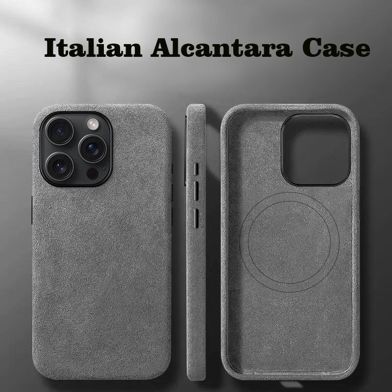 Italienische Alcantara-Hülle für iPhone 15 Pro Max Business-Leder-Telefonrückseite für iPhone 16 Pro Max Magnete für MagSafe Grau For iPhone 15 Pro licht grau