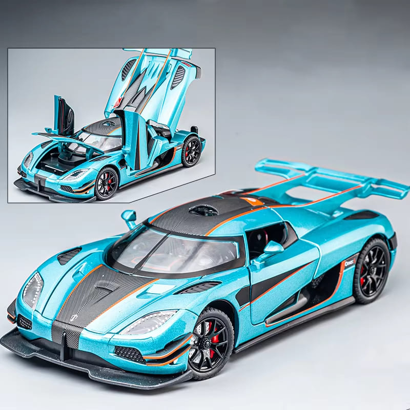 1:24 Koenigsegg ONE 1 Legierungsautomodell Druckgussmetall-Sportwagenmodellsimulation Ton und Licht Pullback-Kollektion Kinderspielzeug Jungengeschenk blau