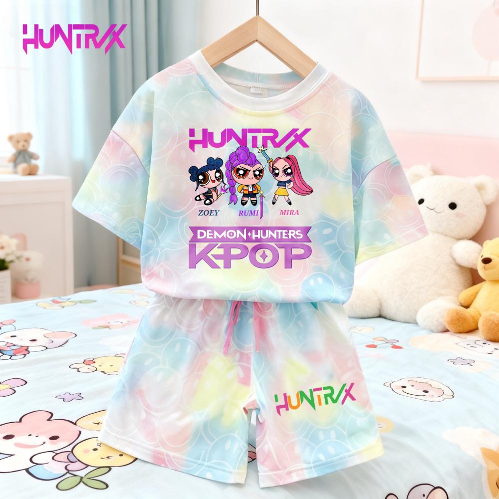 Sommer Neu KPop Dämonenjäger Kawaii Lächeln Gesicht Neues Set Mädchen Kinder 3D Druck Kurzarm T-Shirt 120