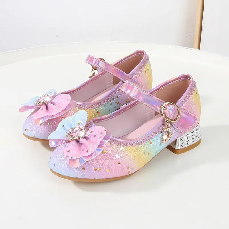 Frühling Herbst Regenbogen Prinzessin Schuhe Mode Glitzer Kinder Mädchen Kristall Lederschuhe Pailletten Kinder High Heels Einzelne Schuhe 32 rosa