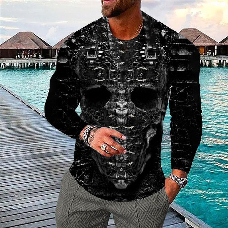Herren T-Shirt Langarm | Langarmshirts Herren | 3D-Langarm-Männer | Skull Shirt Herren - T-Shirts 6XL