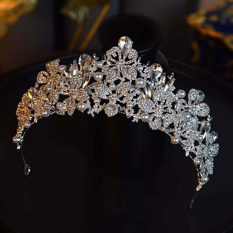 Neuer Perlen Brautstil Haupt Hochzeitskleid Krone Kopfschmuck Super Fee Geburtstagsparty Krone Retro Abendkleid Haaraccessoires gray