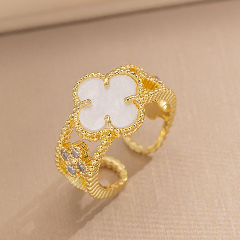 Mode Ring Senior Sinn für leichten Luxus Vierblättriges Kleeblatt Zirkonia Ring Damen Retro Öffnung Verstellbarer Ring