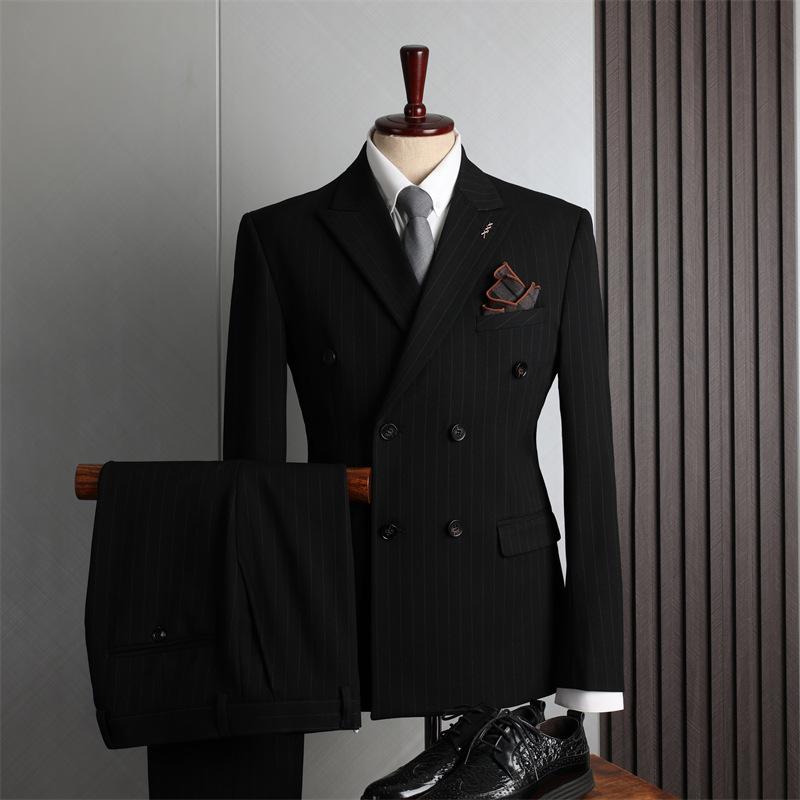 Herren Zweireiher Blazer Anzug Formelle Kleidung Britische Mode Hochzeit Trauzeugensuit Business Casual Anzug Jacke + Hose L schwarz