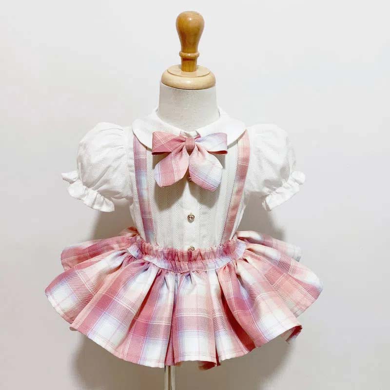 Mädchen JK Uniform Anzug Dreiteiliges Set Hemd + Rock + Schleife Baby Mädchen Preppy Rock Anzug Süße Kühle Wind Puffärmel Hemd Plaid JK Rock College Stil 80 rosa