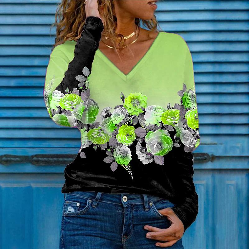 3D-Druck Rose Frauen T-Shirts Damen Tops Langarm V-Ausschnitt Pullover Femme T-Shirts T-Shirt für Frauen 3XL mintgrün