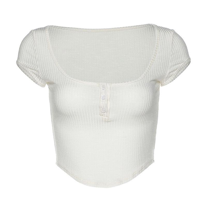 Sommermode Damen T-Shirt U Kragen Volltonfarbe Sexy Nabel Abnehmen Bodenbildung Kurzarm Tops M weiß