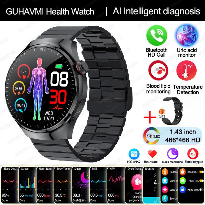 2025 Neue Smartwatch in Krankenpflegequalität Blutsauerstoff Blutfett Harnsäure EKG+PPG Körpertemperatur Bluetooth-Anruf Gesundheits-Smartwatch black-steel B