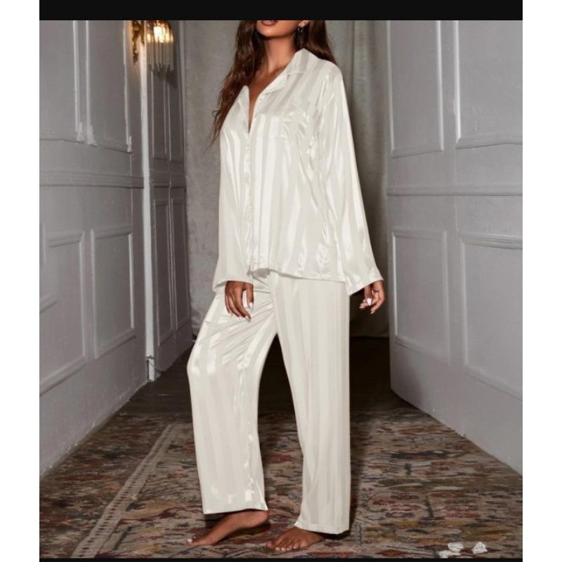 Damen-Pyjama-Set mit Streifen, einfarbig, französischer Seidensatin-Pyjama, zweiteiliges Set, bequemer Pyjama für zu Hause XXL weiß
