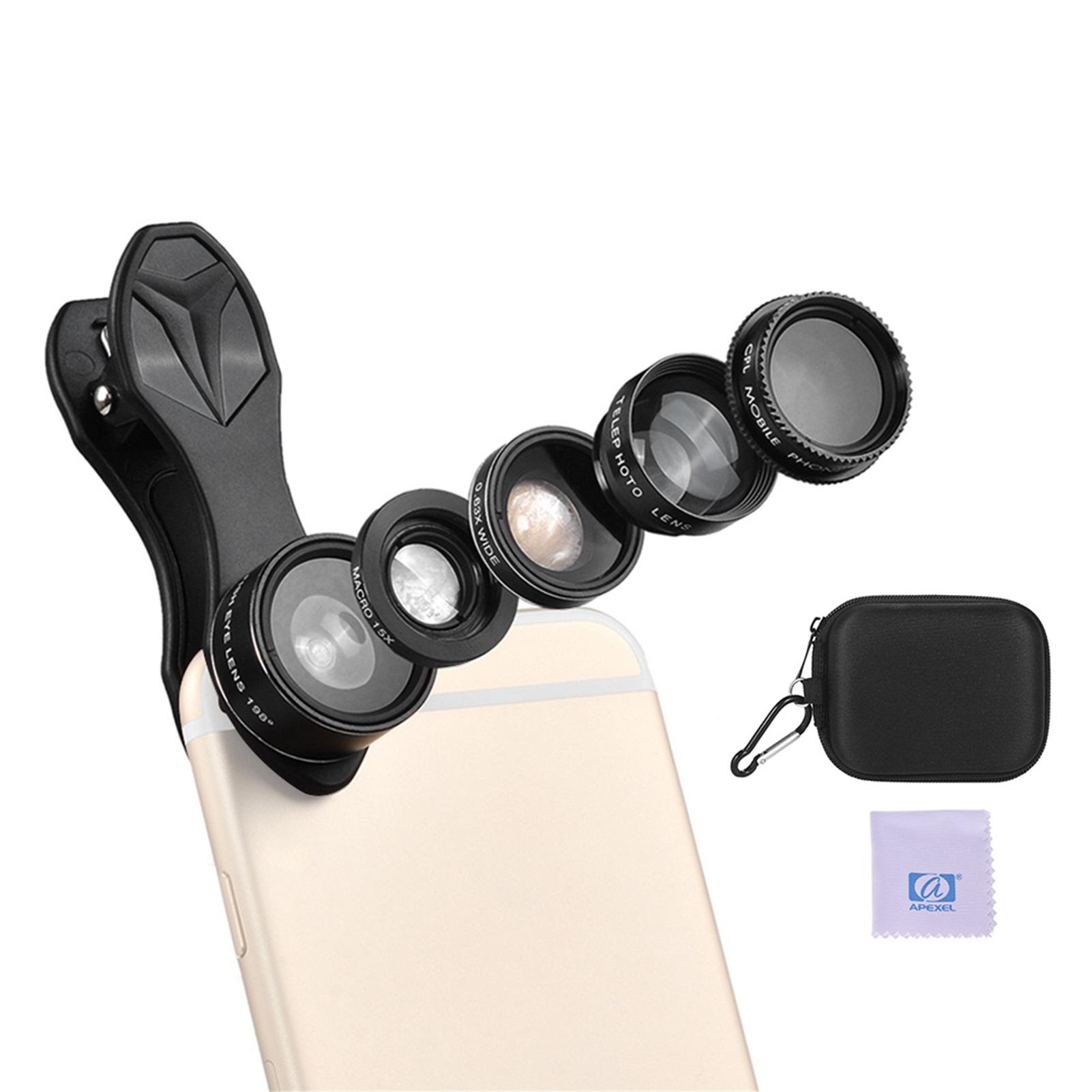 APEXEL APL-DG5H 5-in-1-Handy-Objektiv-Set, 198-Grad-Fisheye-Objektiv, 0,63-faches Weitwinkelobjektiv, 15-faches Makro