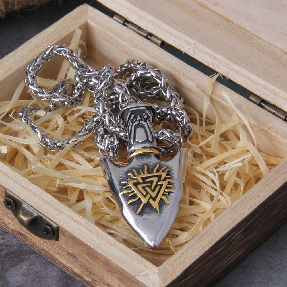 Nordischer Wikinger Valknut Odin Schwert Gungnir Vegvisir Anhänger Halskette Edelstahl mit Holz Geschenkbox 50cm