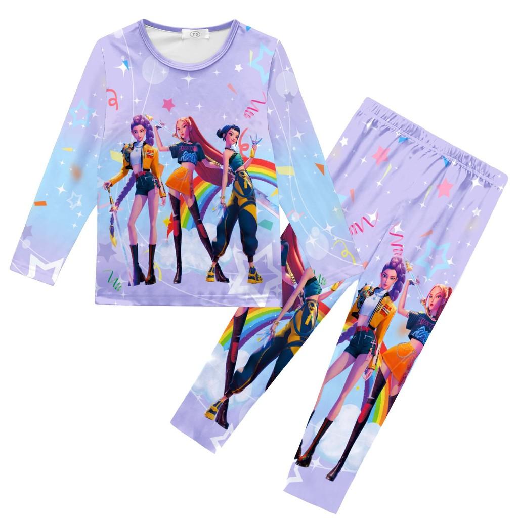 Kinder Mädchen K-POP Rumi Mira Zoey Druck Langarm T-Shirt Top Hose Hose Pyjama Schlafbekleidungssets 140cm