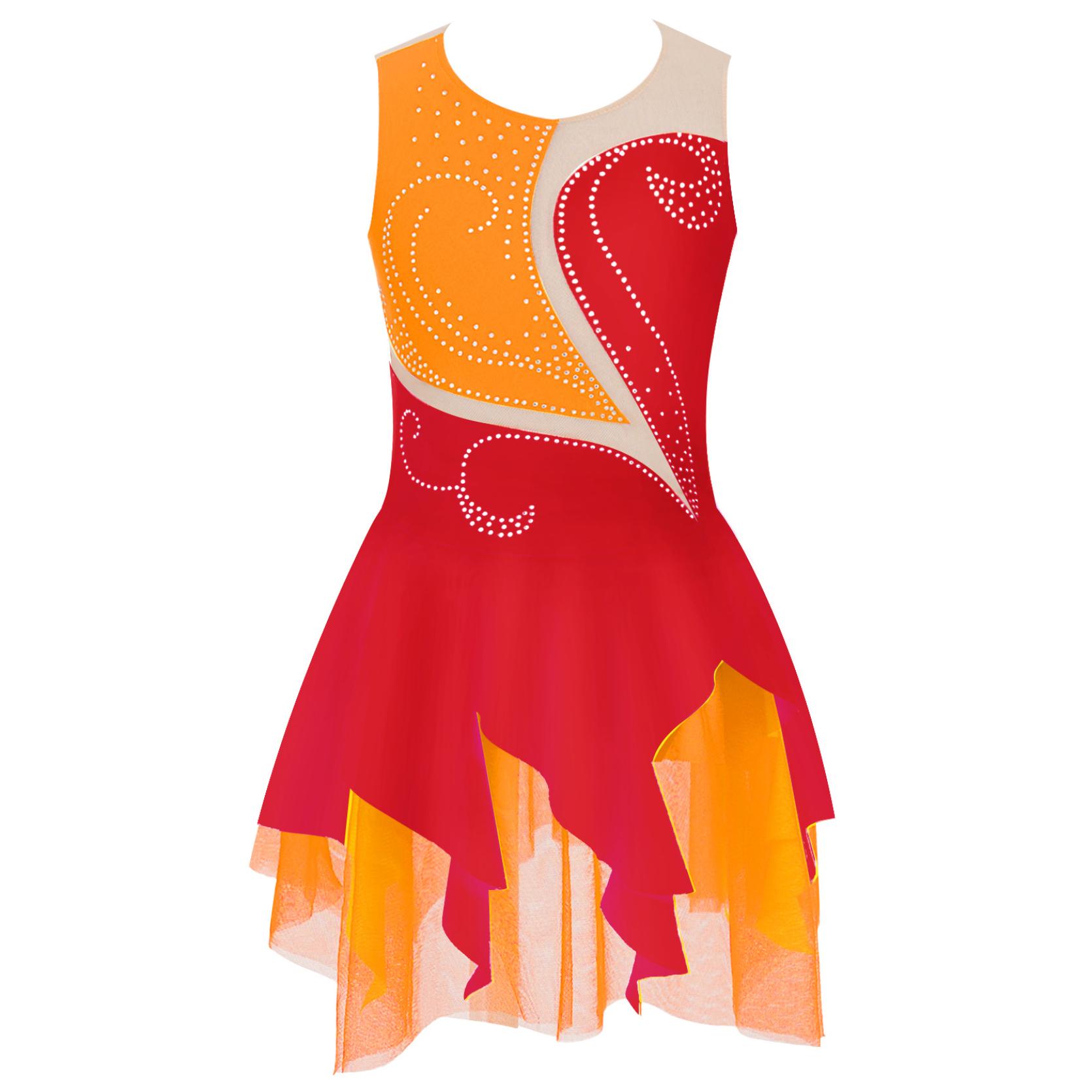 Eislaufen Kleid Mädchen Glänzend Strass Gymnastik Kostüm Ballett Tanz Trikot Kleid 5-6 Years rot