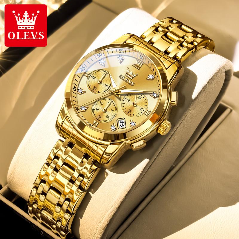 OLEVS Damenuhr Original Elegant Multifunktion Quarz Armbanduhr Wasserdicht Edelstahl Damenuhren Geschenke gold