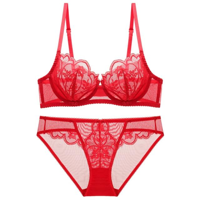 Sexy Blütenblattform, ultradünnes BH-Set, Push-up-Unterwäsche-Set, Stickerei-Büstenhalter, BH, Plus-Size-Spitzen-Dessous-Set 80B(36B) rot