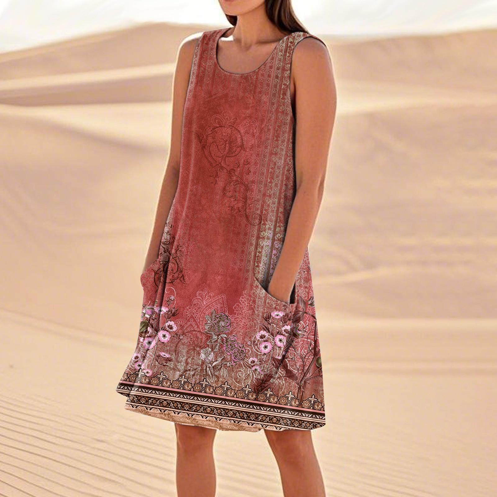 Sommerkleider für Damen, lockerer Strandurlaub, lässig, ärmellos, Sommerkleider mit Taschen, Tankkleid XXXL rot
