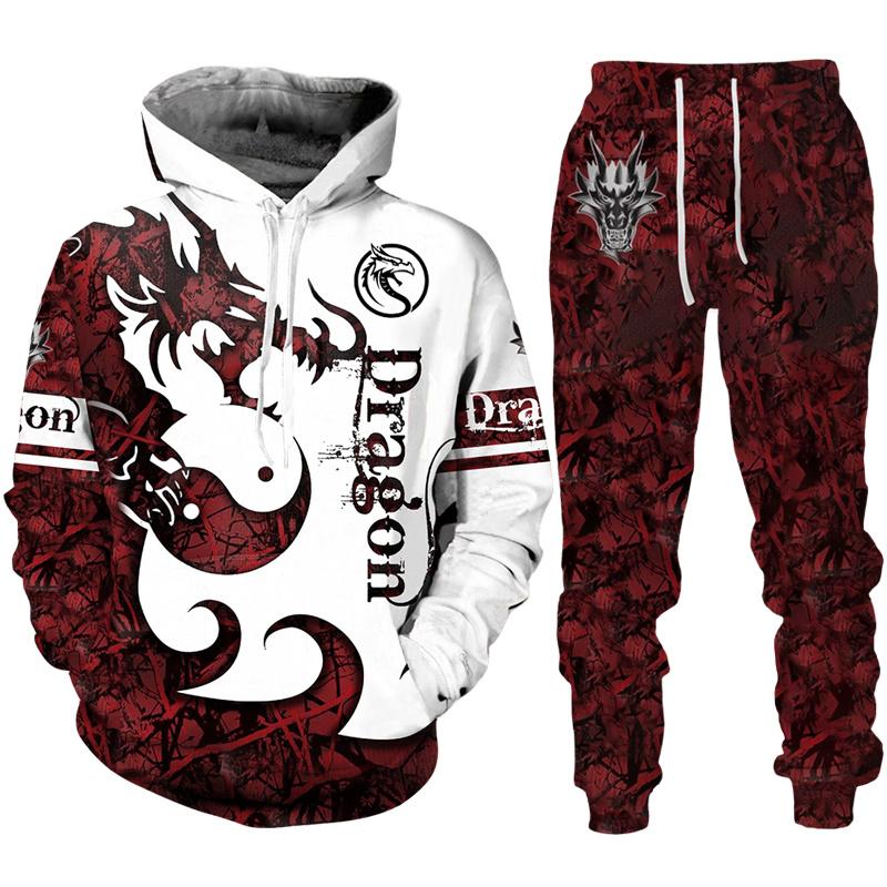 Retro Dragon Tattoo 3D-Druck Herren Damen Trainingsanzug-Sets Casual Hoodie + Hose 2-teiliges Set Übergroßes Sweatshirt Mode Herrenbekleidung 2XL