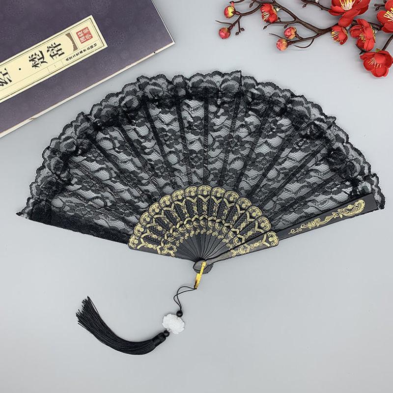 Europäischer Stil, Retro Spitze Spitze, Fächer für Damen, Sommer, Orchideen-Fächer, Tanzaufführung, Foto-Requisiten, Faltfächer Fan with tassel schwarz