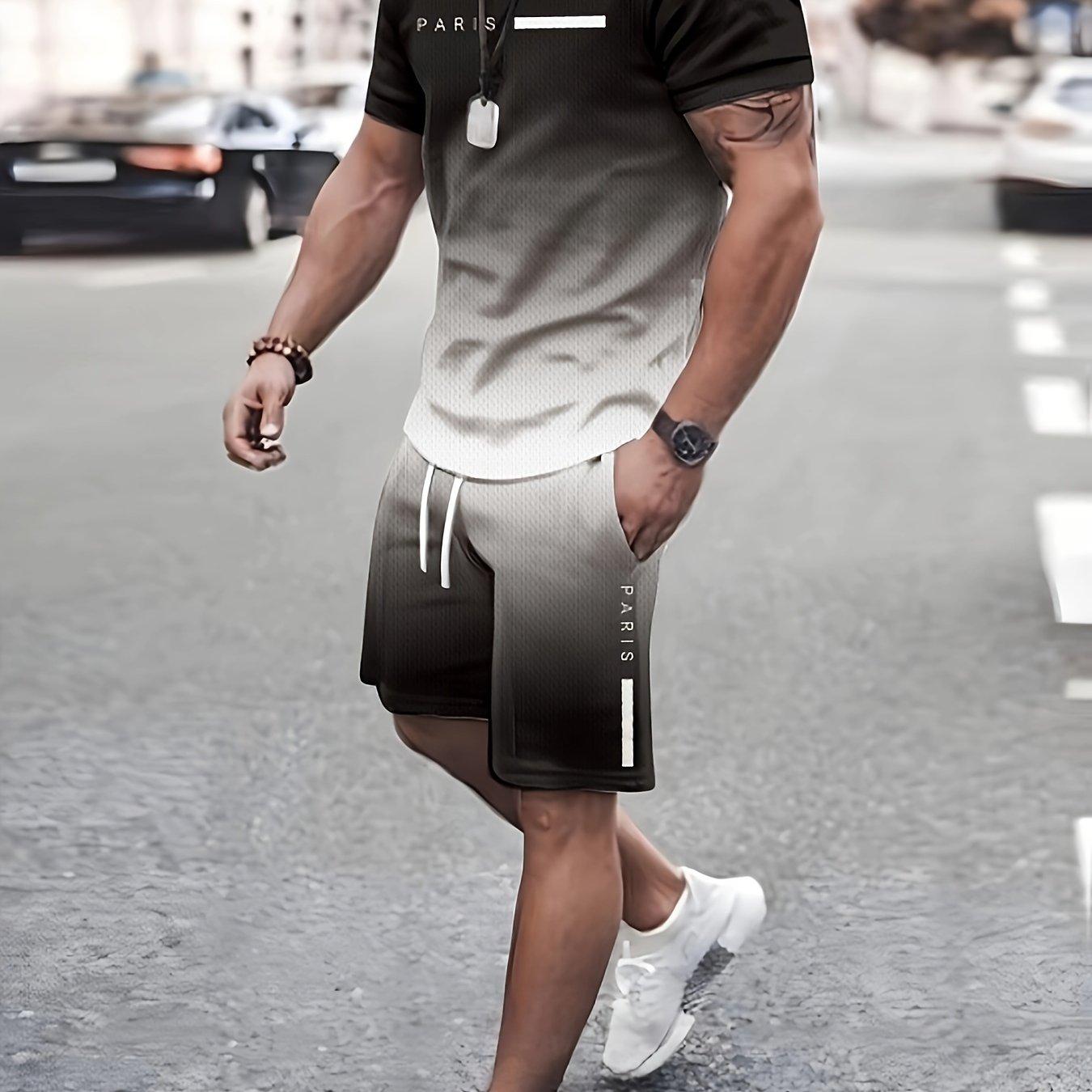 Neues 2-teiliges Herrenmode Sommer-Resort-Bekleidungsset Herren Gradient bedrucktes Kurzarm-T-Shirt und Taschen-Kordelzug-Shorts Set 6XL