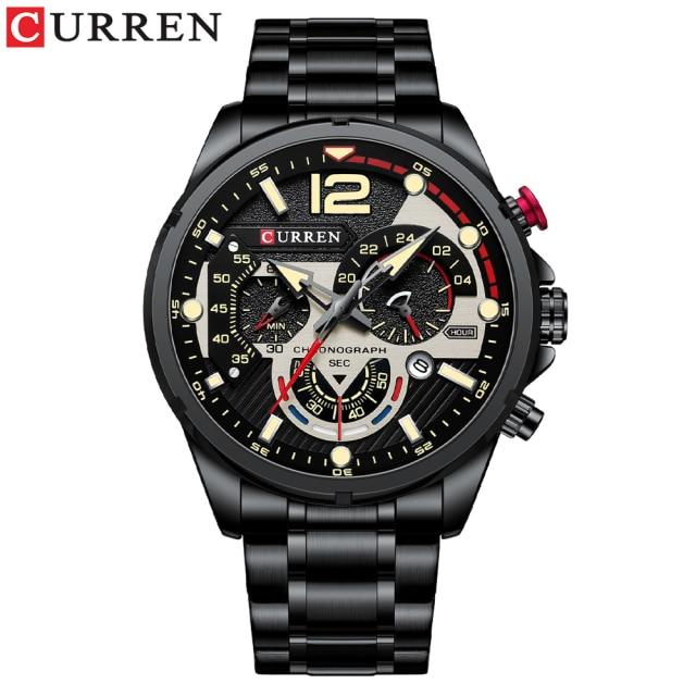 CURREN Luxus Marke Sport Armbanduhren für Mann Leuchtende Quarzuhren Casual Chronograph Edelstahl Männliche Uhr schwarz