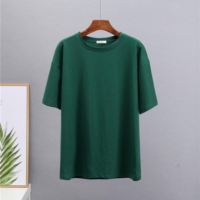 Hirsionsan Grundlegende Baumwolle T Shirt Frauen Sommer Neue Lose Solide Tees 19 Farben Casual Lose T Shirt Weibliche Übergroßen O hals Weibliche Tops M dunkelgrüne
