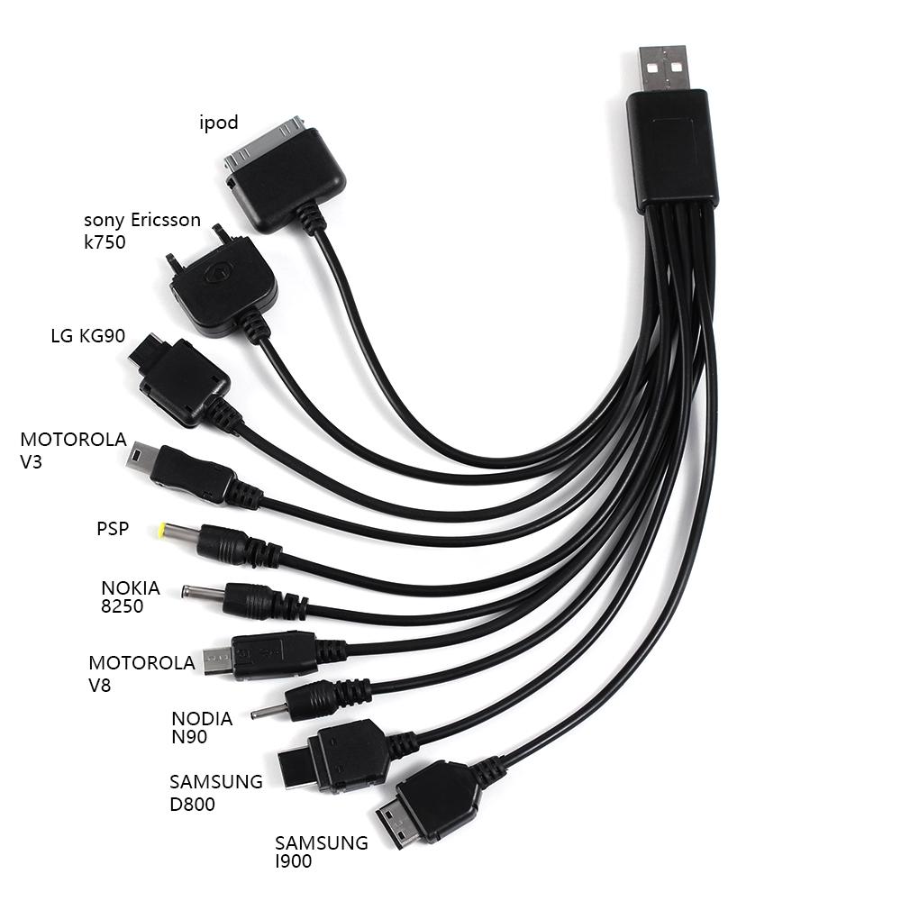 10-in-1-Universal-Multifunktions-Multi-Pin-Ladegerät-USB-Kabel für IPod-Mobiltelefone schwarz