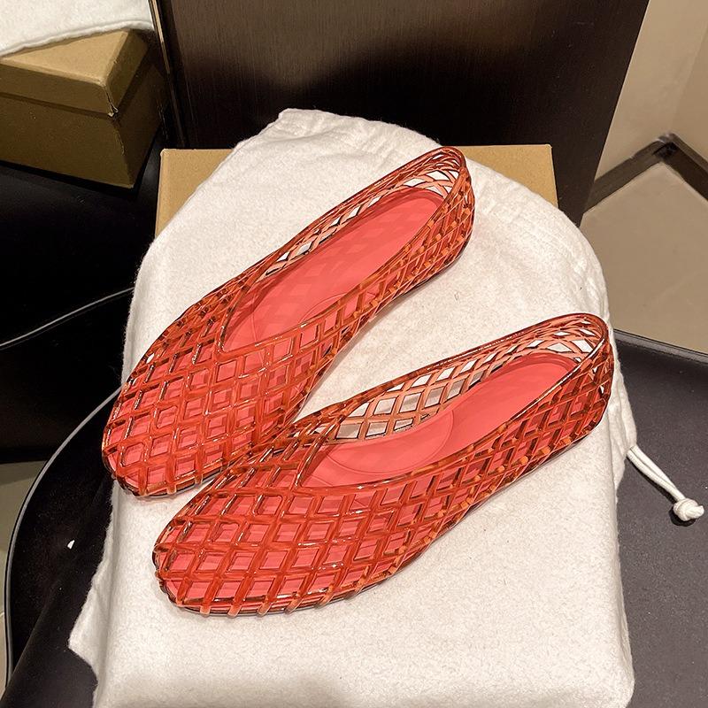 Neue Mesh-Schuhe, Sandalen, Damen Strand PVC Jelly Mesh Hohl Flacher Boden Bequem Ein-Pedal Damen Freizeit Hausschuhe 38 rot