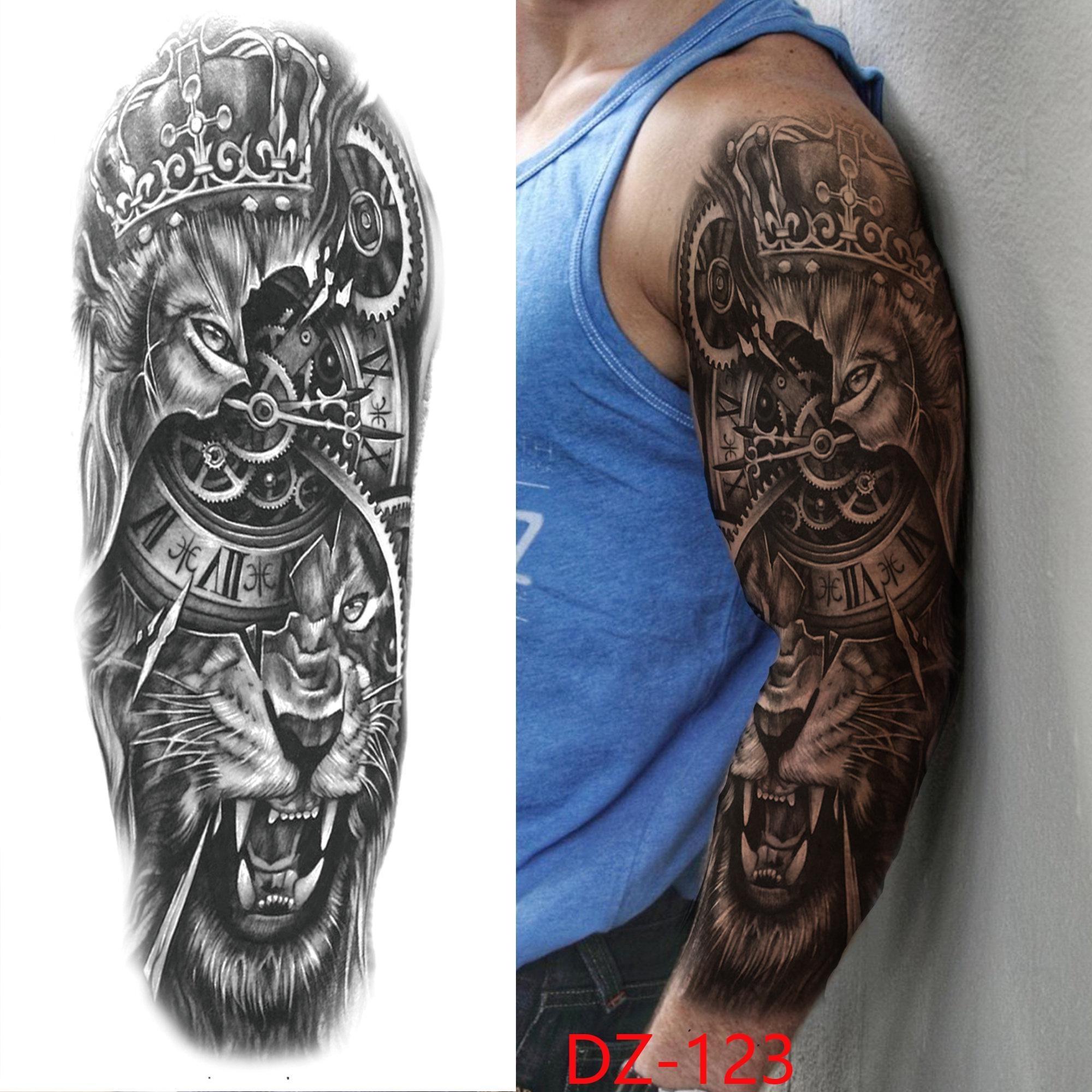 1 STÜCK 480*170 MM Temporäre Tattoo-Ärmel Für Männer Frauen Super Großer Kompass Wolfskopf Auge Gefälschte Löwengott Feder Tattoo Vollen Arm Tattoo Aufkleber DZ-123