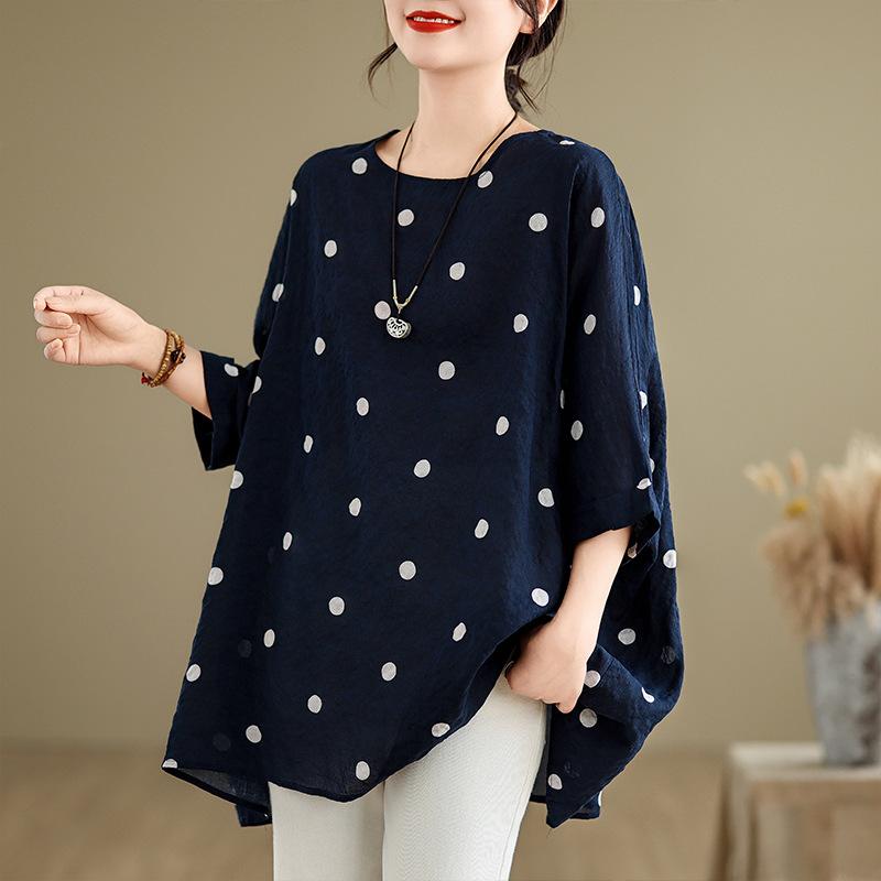 Sommer-Bluse aus Baumwolle und Hanf mit Punkten, große Größe, lockeres Retro-T-Shirt mit Fledermausärmeln für Damen one size blau