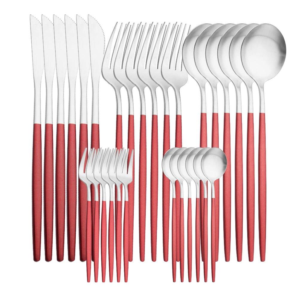 30 Stücke Mattschwarz Silber Geschirr Set Edelstahl Messer Kuchen Gabel Tee Löffel Besteck Besteck Set Küche Geschirr Set rot/silber