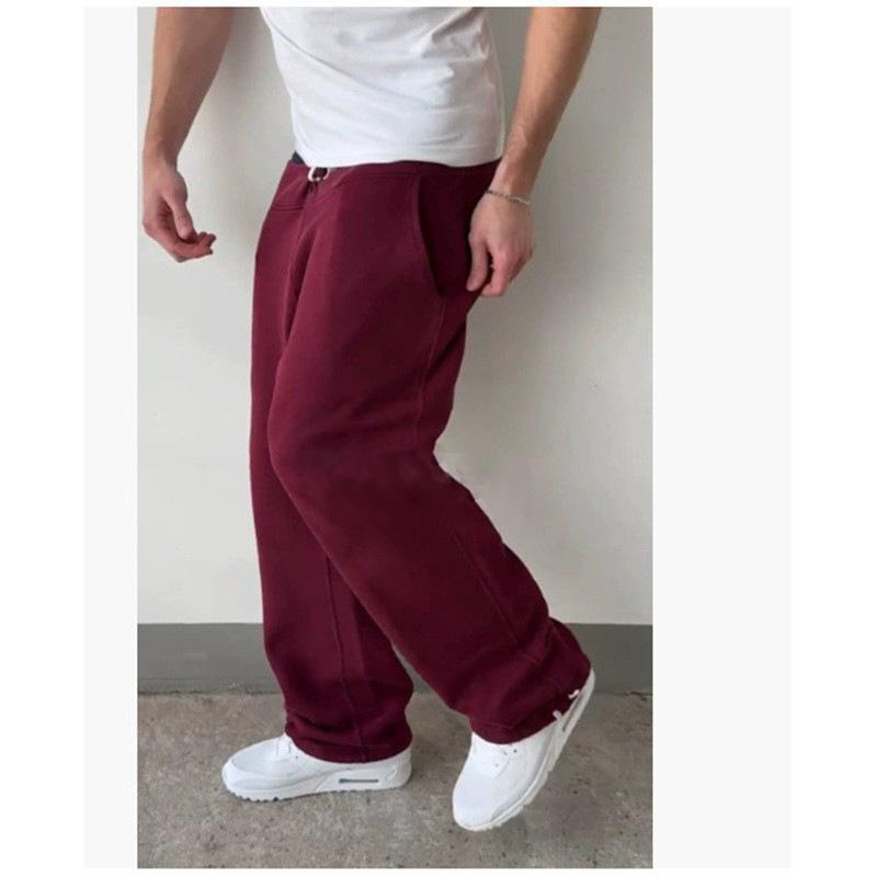 2026 Neue Vintage Trendige Lockere Weite Hosen Herren Freizeit Hosen Einfarbige Vielseitige Fleece Jogginghosen L wein rot
