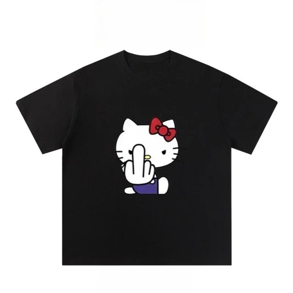 Amerikanisches Hello Kitty Fun Print 2025 Damen Cartoon Peripherie Top Trend Übergröße Locker Lässig Kurzarm T-Shirt XXL schwarz