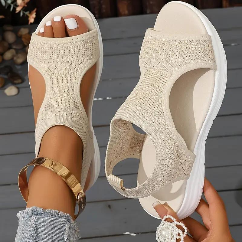Flache Sandalen für Damen in Volltonfarbe, atmungsaktive und bequeme Sommerschuhe, leichte Sandalen mit Knöchelriemen 40 beige