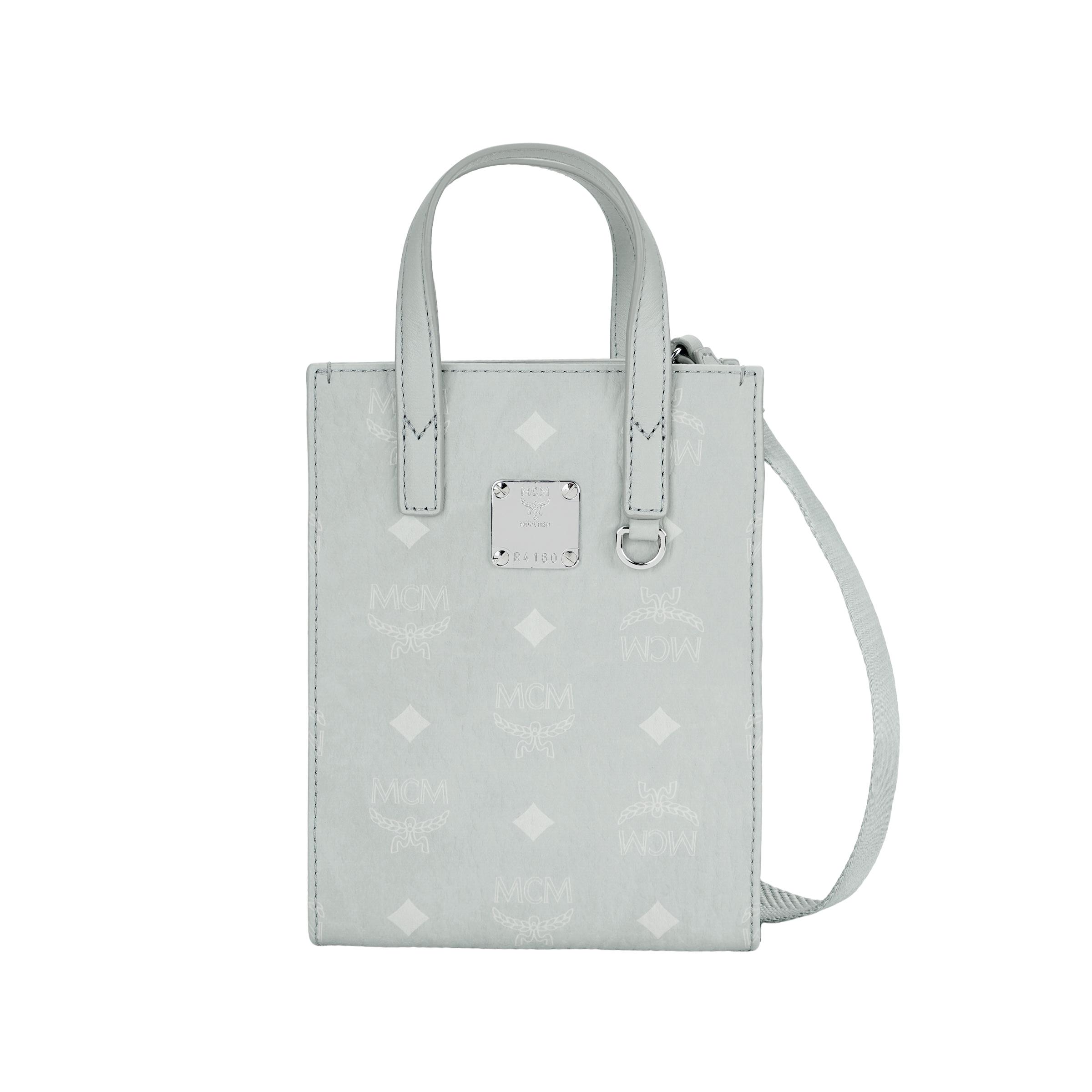 MCM Aren Monogramm-Print Abnehmbarer Verstellbarer Schultergurt Beschichtetes Canvas Napa-Lederbesatz Tragetasche Einkaufstasche Mini Damen-Tragetasche Grau MMTCSKC02FP001 Basic Set (Bag+Dust Bag)