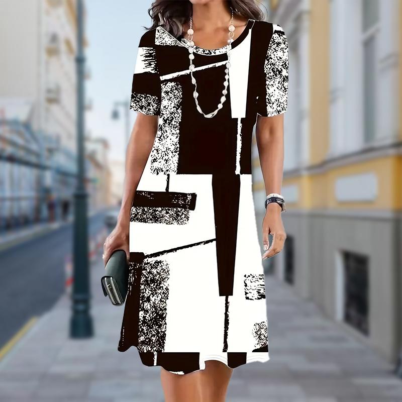 Lässiges Sommerkleid für Damen mit Schwarz-Weiß-Pixel-Print, Kleider für Damen mit O-Ausschnitt und kurzen Ärmeln, Übergröße L schwarz