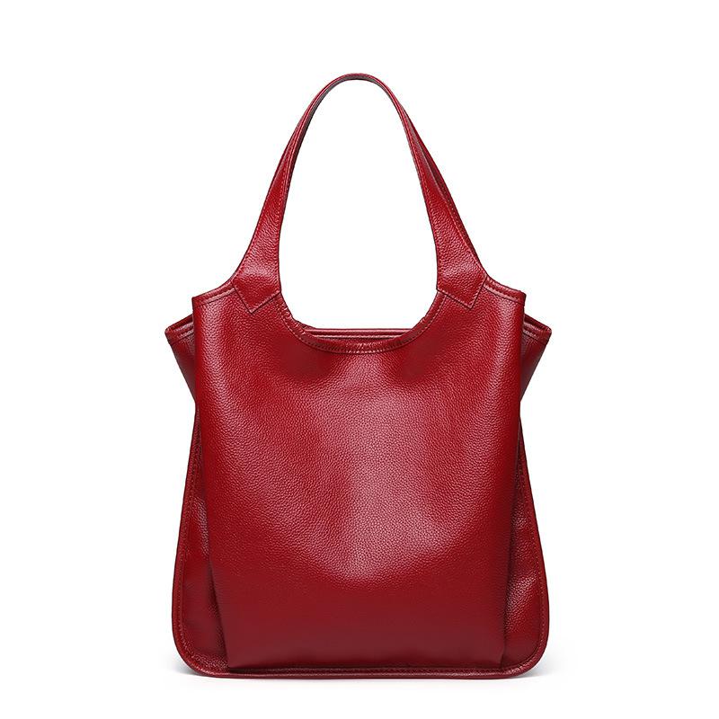 Johnature Freizeit Rindsleder Luxus Handtaschen Frauen Taschen Echtes Leder Einfarbig Große Kapazität Zipper Schulter Taschen rot