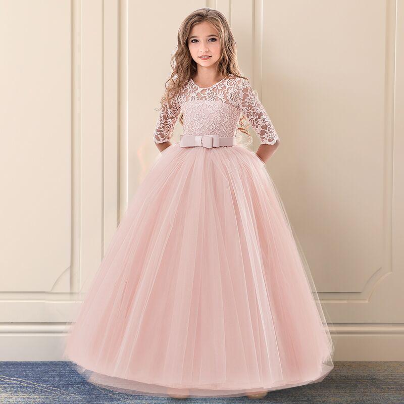Kinder Blumenmädchen Hochzeitskleid Prinzessin Party Spitzenkleider Sommer Teenager Mädchen Formelle Kleider 11-12 Years rosa