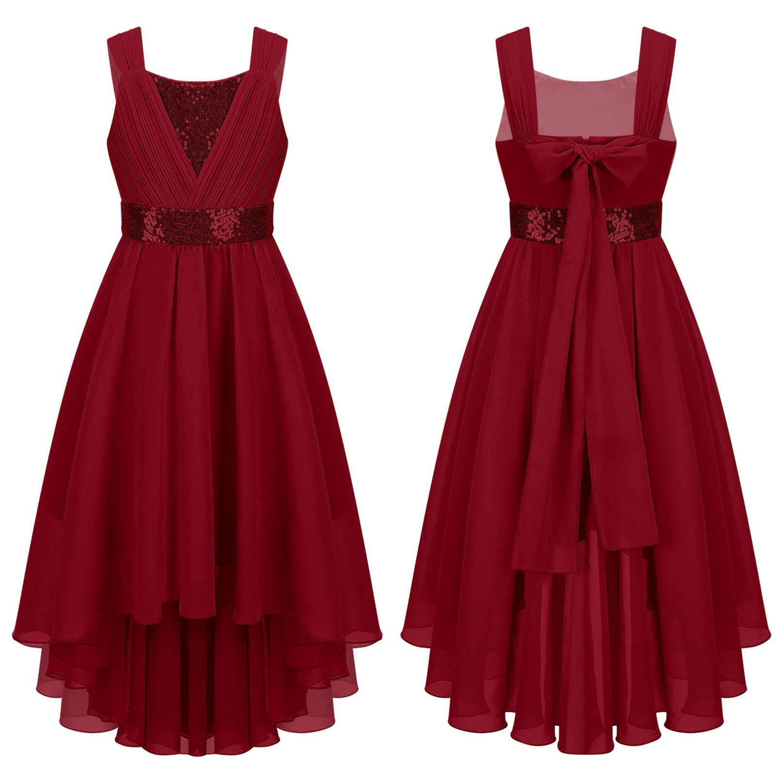 Kinder Mädchen Spitze Chiffon Hochzeit Brautjungfer Kleid Ärmelloses Formales Party Abendkleid Kinder Ballkleid 7-8 Years bordeaux