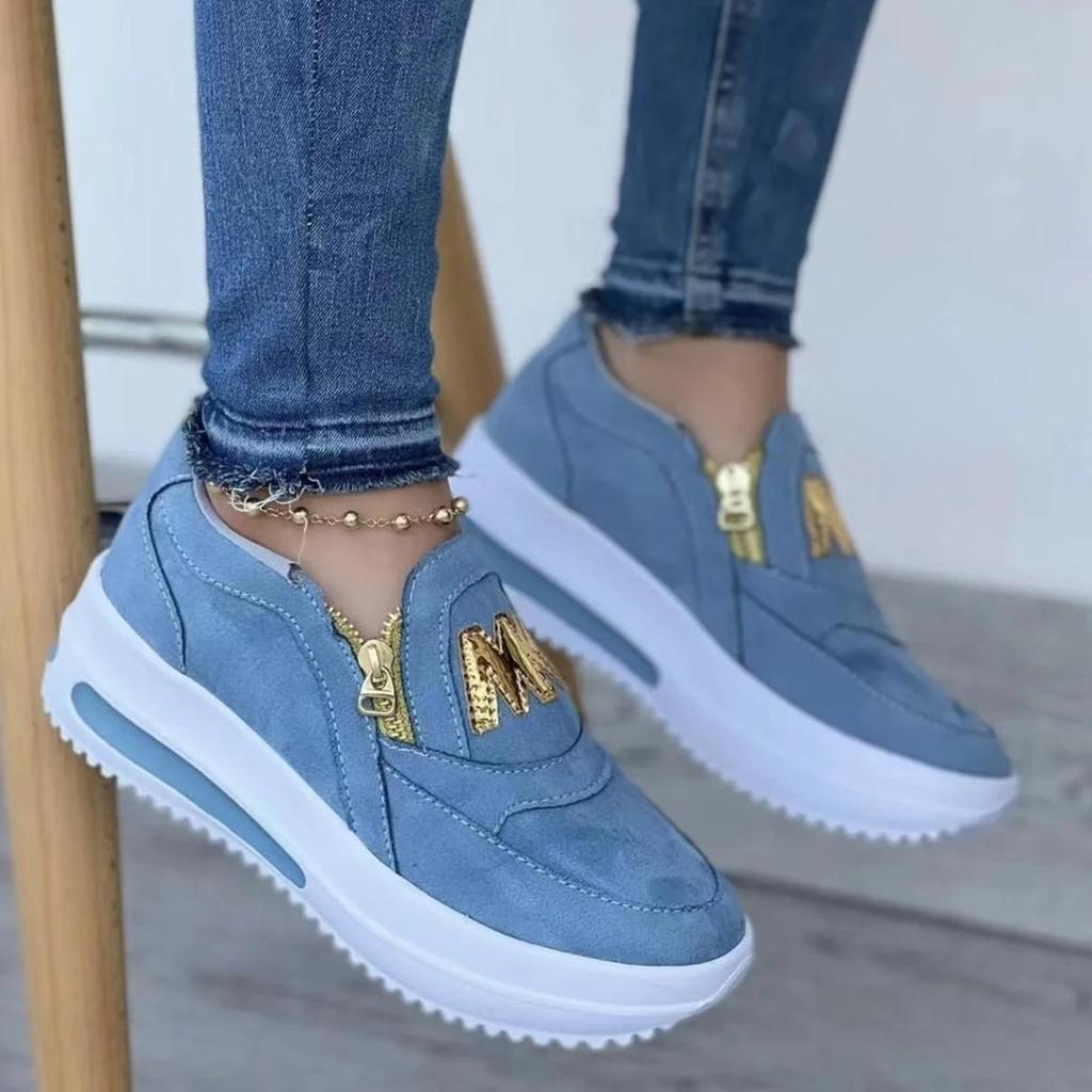 Herbst 2024 Neue Große Größe Sport Zipper frauen Einzelnen Schuhe Flache Sohle Einfarbig frauen Casual Sport Schuhe 43 blau