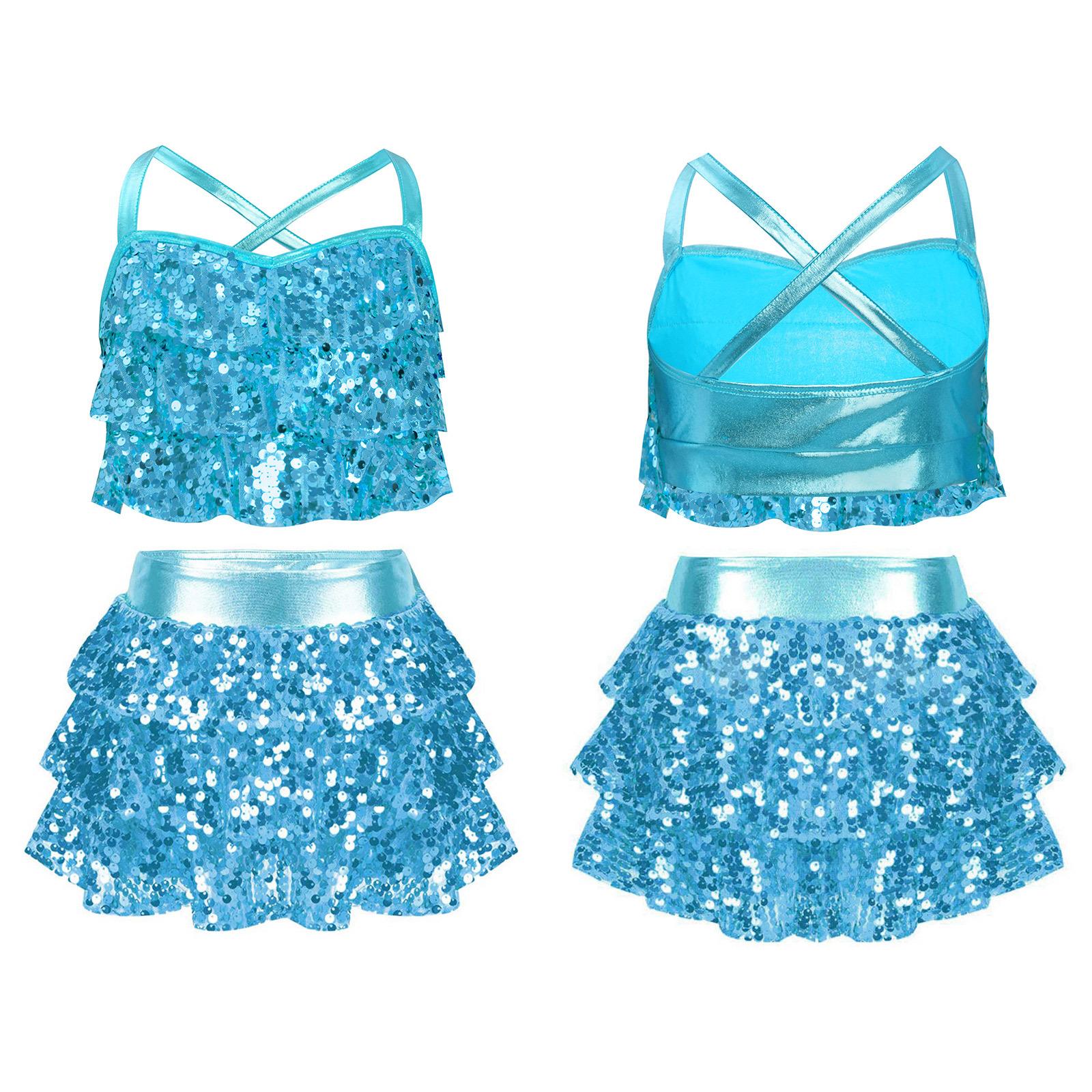 Mädchen Pailletten Jazz Tanz Outfit Kostüm Glänzendes Metallic Crop Top mit gestuftem Unitard Rock Schul Basketball Cheerleading Kostüm 13-14 Years hellblaue