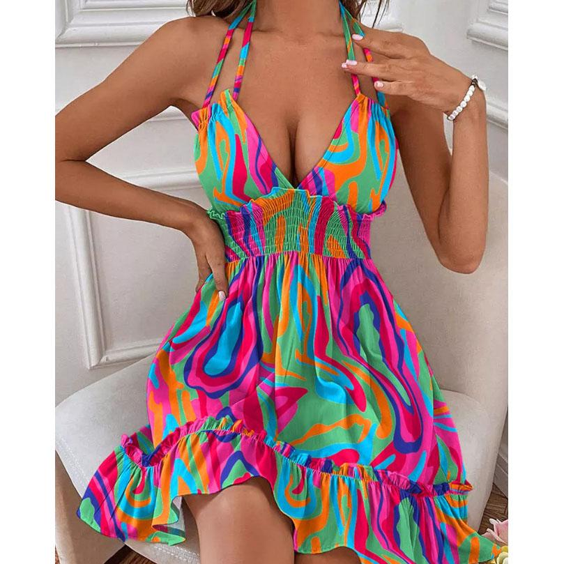 Mode Sommerkleider Sommerkleider für Damen Trendige Boho Blumenmuster Überwurf V-Ausschnitt Ärmellose Sonnenkleider L blue