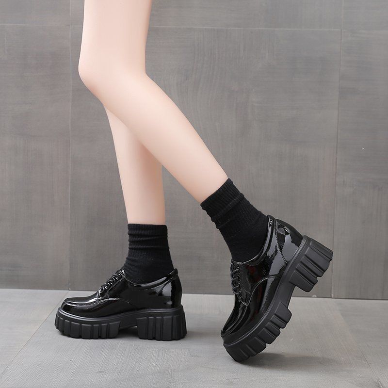 Damenschuhe mit höhenverstellbarer Einlegesohle, Frühling und Herbst, neue kleine Lederschuhe im britischen Stil, Keilabsatz, Plateauschuhe, Plateauschuhe, Damenschuhe 39 schwarz