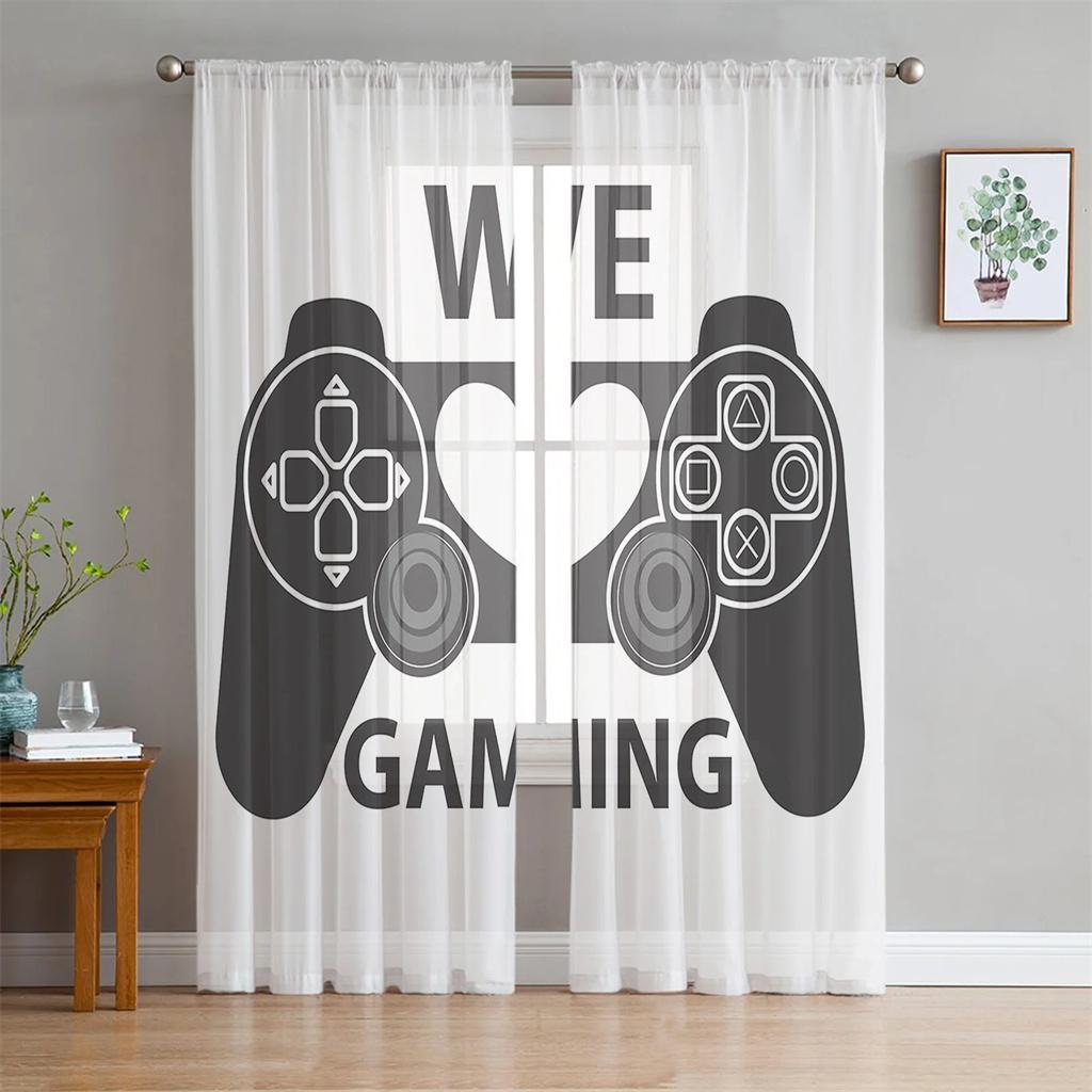 Switch Spielekonsole Weißes Gamepad Voile Vorhang für Schlafzimmer Tüll Fenstervorhang für Wohnzimmer Transparente Vorhänge Jalousien Drapierungen 2 Stück W100X240H(cm)x2Pcs&Grommet Top