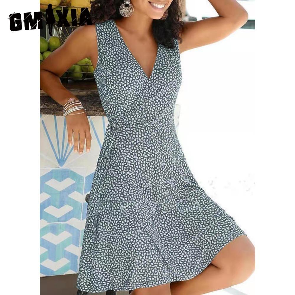 GMXIA Kleid mit Polka-Dot-Print Damen Ärmelloses Wickelkleid Strandkleid Sommer Böhmische Kleider für Damen Lässige V-Ausschnitt Kleider Damenrobe L grau