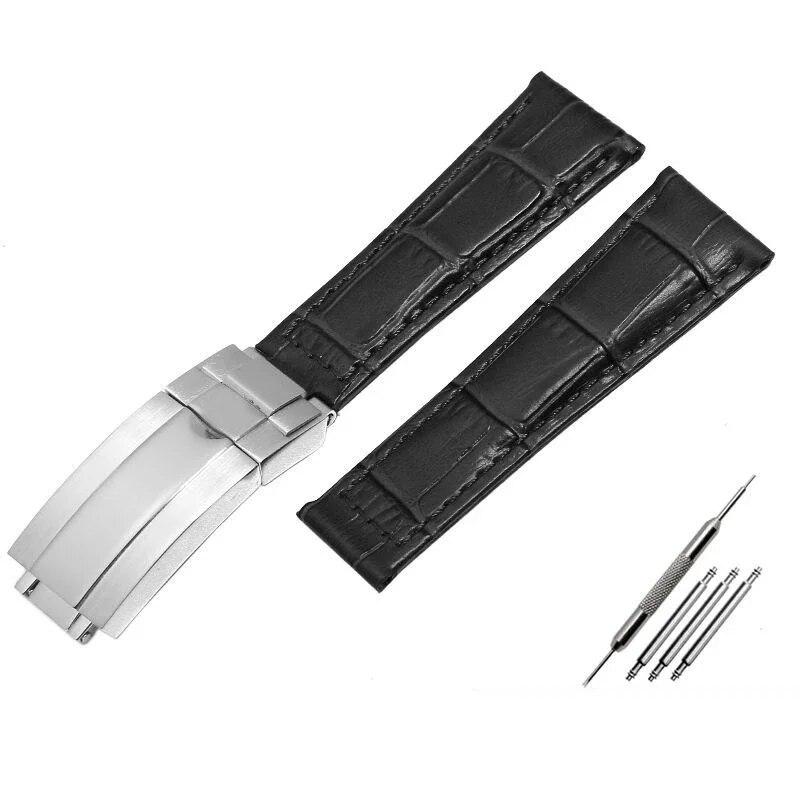 Krokodilmuster Echtleder Uhrenarmbänder 20mm für Rolex Uhrenarmband Daytona Submariner GMT RX Armband Faltschließe Black-silver  20mm With logo