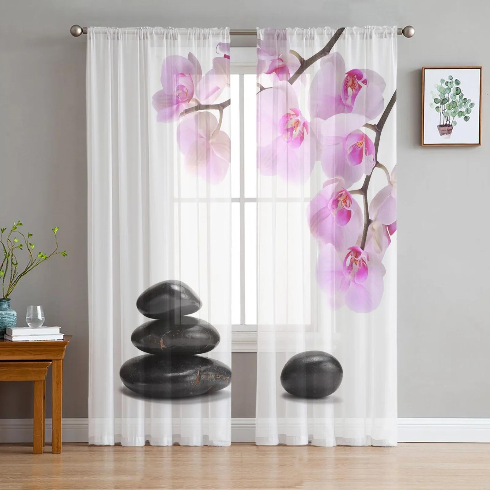 Orchidee Stein Blume Bambus Gardinen Wohnzimmer Fenster Tüll Vorhänge Für Schlafzimmer Küche Home Dekoration Voile Vorhänge W135 x H160cm x1&Rod Pocket white